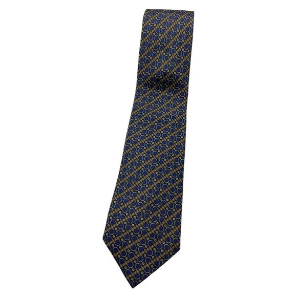 HERMÈS Men's 100% Silk Necktie LUXURY 764 UA Blue Striped Geometric W:3.4" EUC - Picture 1 of 5